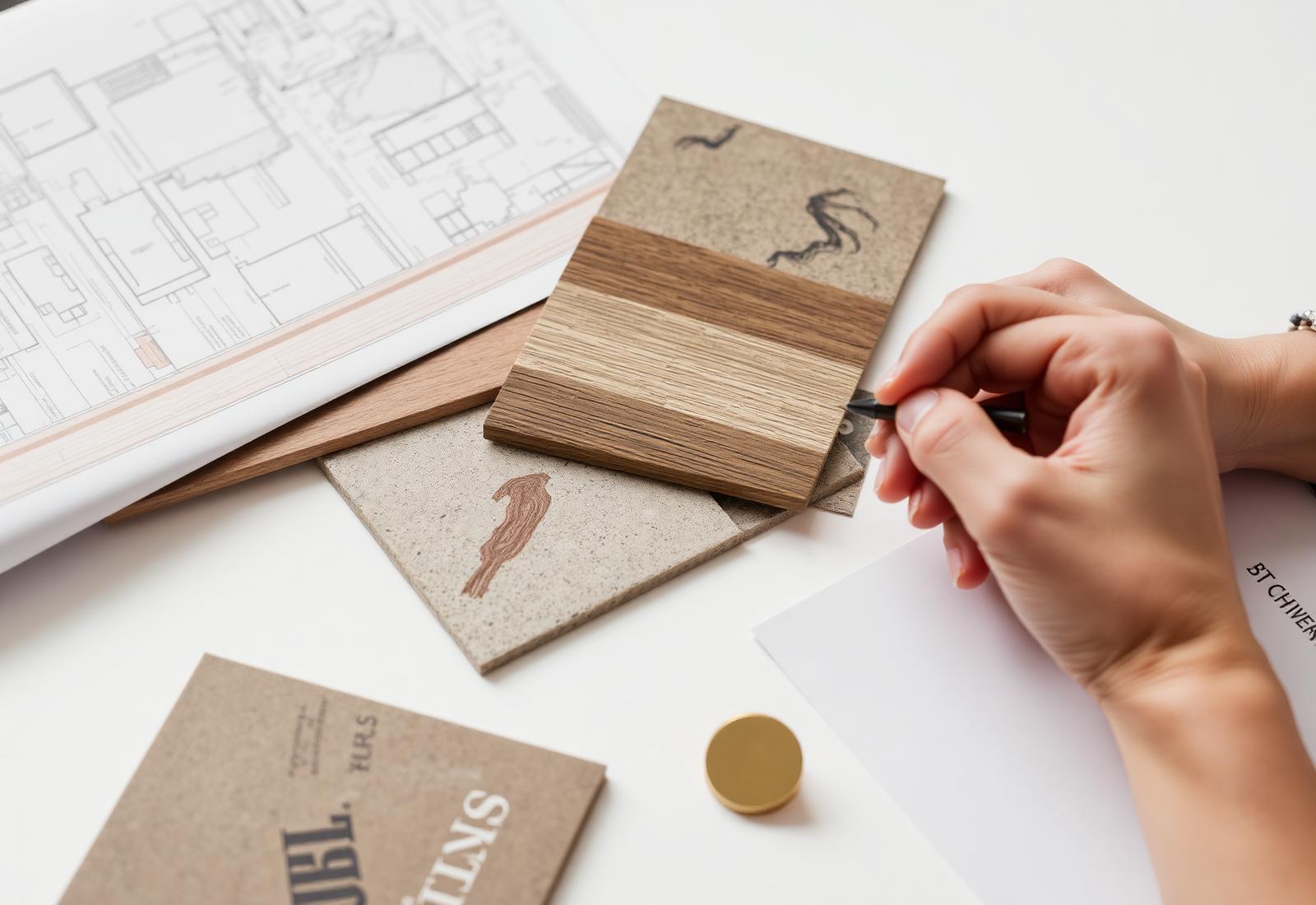 Tekeningen en materiaalstalen op een werktafel
